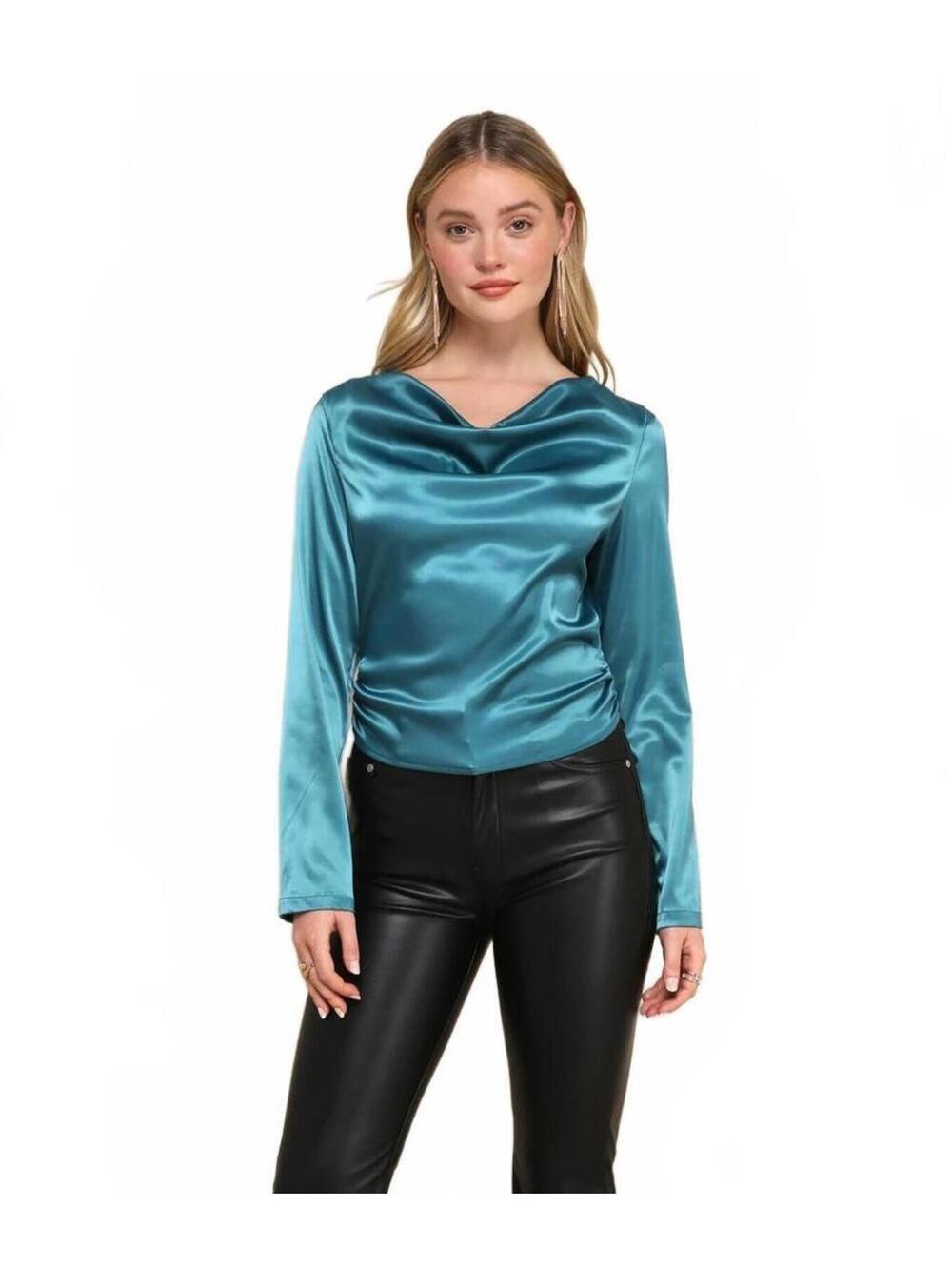NWT Lulus Lovely Outing Teal Green Satin Cowl Neck Backless Top Size Small